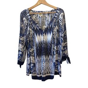 Fig and Flower Tunic Top Size 3X Blue White Paisley Ikat Tie Sleeve Boho Peasant